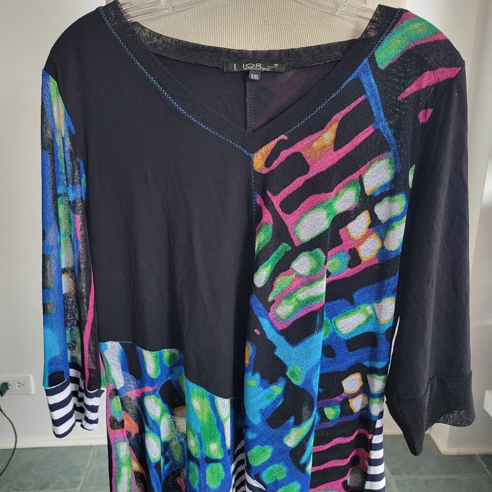 Lior Paris Women’s Tri Striped Asymmetrical Nylon Patchwork Tunic Top (Size: XXL